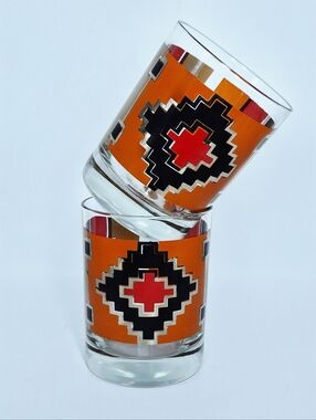 Vintage Couroc "Southwest" pattern lowball glasses